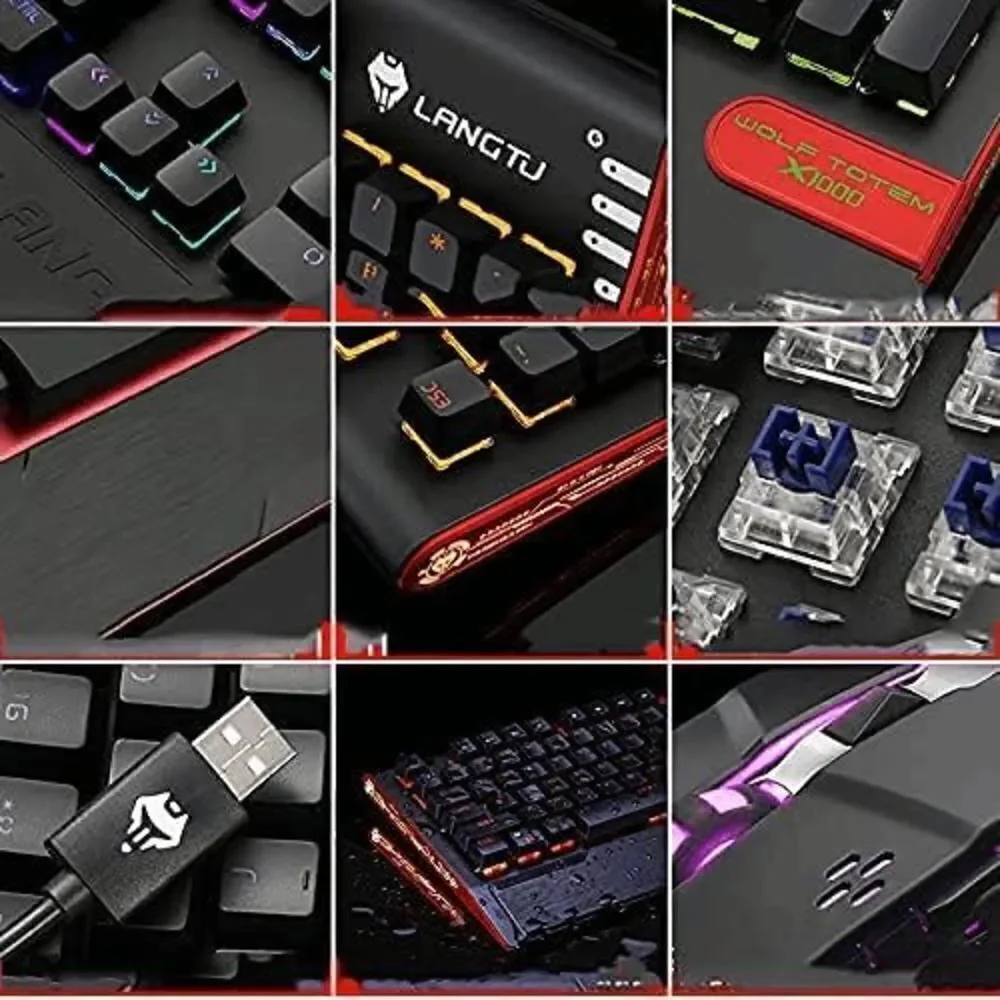 3 IN 1 Multimedia Knob Mechanical Gaming Keyboard Set (Black/Blue Backlit/Blue S